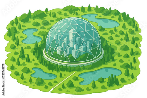 Futuristic domed city in lush green park with scenic lakes