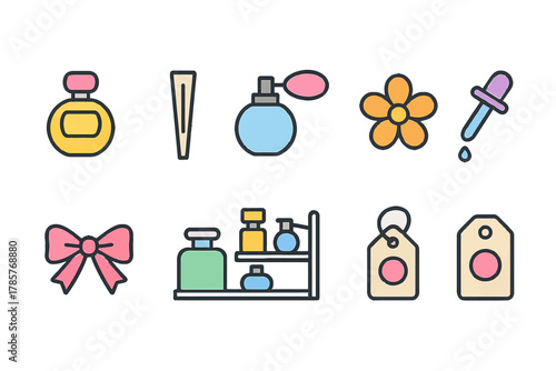 Colorful perfume icons and accessories on gradient background