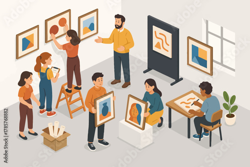 Diverse group curating art in a modern gallery space