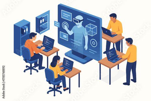 Diverse group engaged in collaborative virtual reality development with vr interface