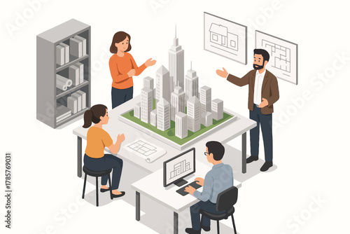 Team collaborating on architectural model presentation in office setting