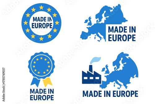 Made in europe logos featuring map, stars, and factory symbols