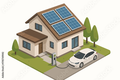 Modern house with solar panels and electric car charging station
