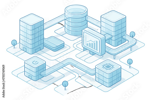 Isometric smart city with digital connections and futuristic network