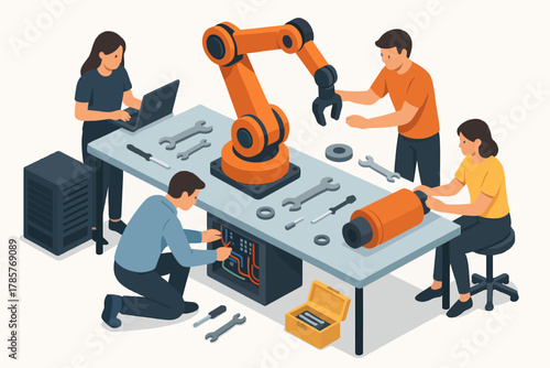 Team collaboration on robotic arm engineering project in industrial setting