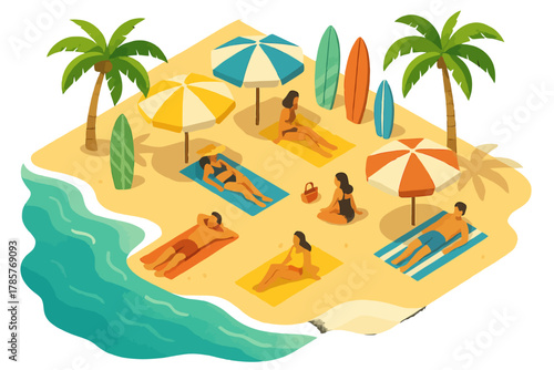 Colorful beach scene with umbrellas and relaxing people on a sunny day