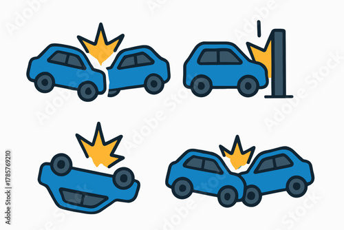 Car accident icons including collision, crash, and rollover symbols