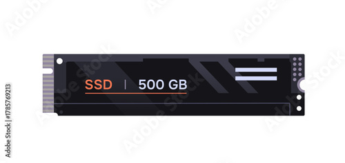 SSD card. Stick of solid state drive. PC component for storage of data and information. Computer hardware. Supply of server. Modern technology. Flat isolated vector illustration on white background