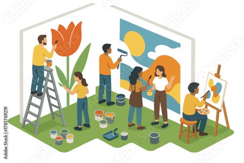 Diverse group of adults painting murals and portraits in collaborative art studio