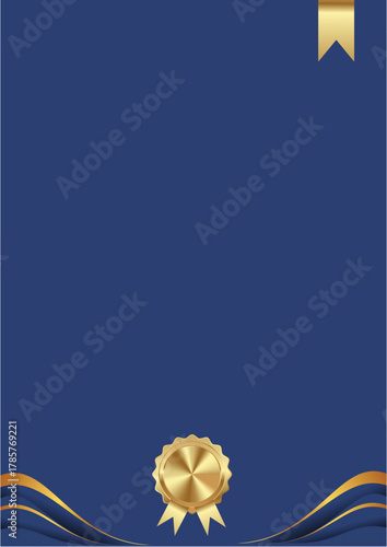 A modern certificate template featuring a deep blue background with gold ribbon details and a golden award badge at the bottom. Perfect for achievement awards, diplomas, or business certificates.