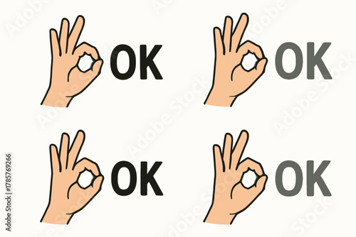 Four variations of ok hand gesture with diverse colors