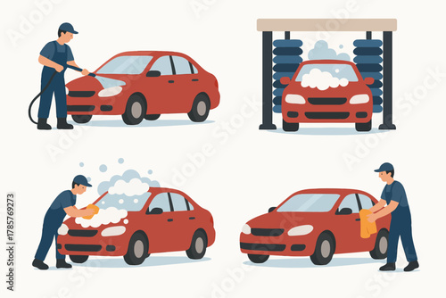 Illustrated car wash process with workers cleaning red car