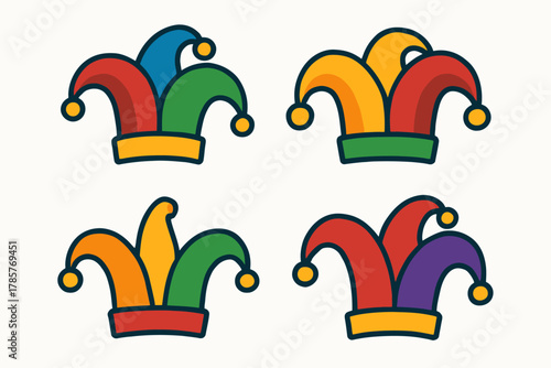 Colorful jester hats in various designs with bells