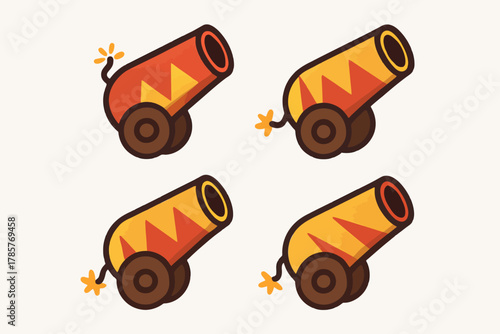 Four colorful cartoon cannons with flame fuses on wheels