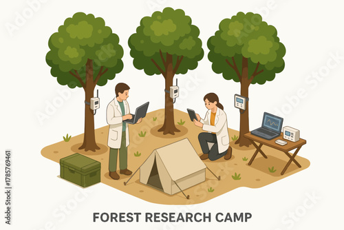 Researchers collecting data in forest camp with equipment and tents