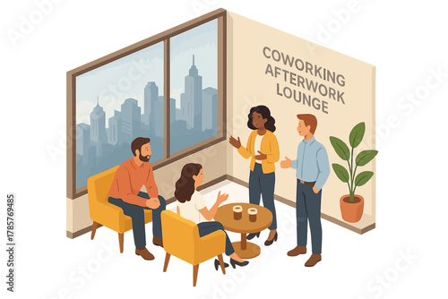 Diverse colleagues discuss in coworking lounge with city view and coffee