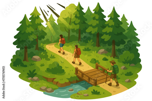 Hikers on forest trail with bridge and sunlight in lush greenery