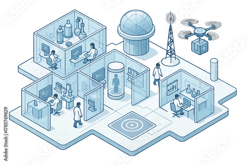 Futuristic scientific research facility with diverse scientists and advanced technology