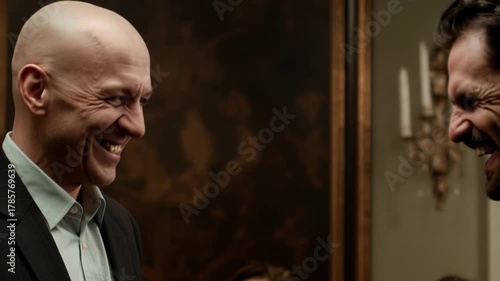 Smiling character in a dimly lit room during a tense gathering with hidden agendas Generative AI