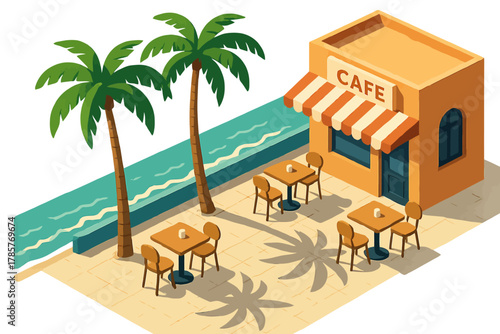 Sunny outdoor café with palm trees and tables by water