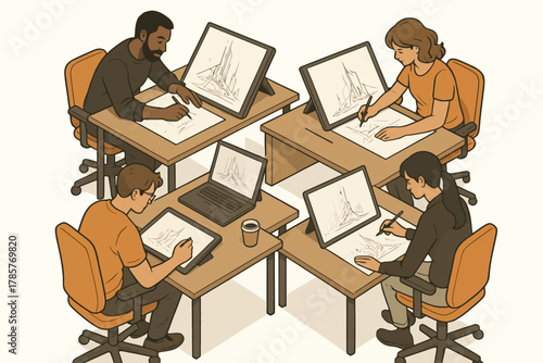 Diverse team of young adults collaborating on digital art projects