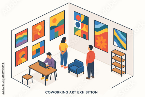 Diverse young adults appreciating art in modern coworking space exhibition