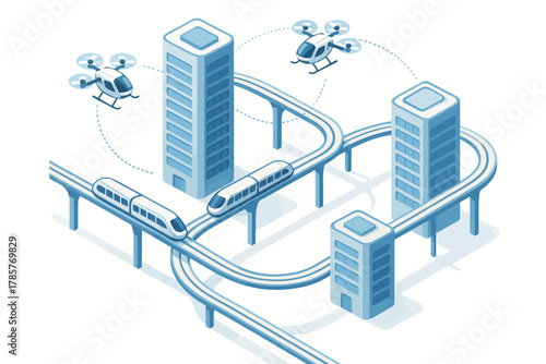 Futuristic urban transport with trains and drones in modern cityscape