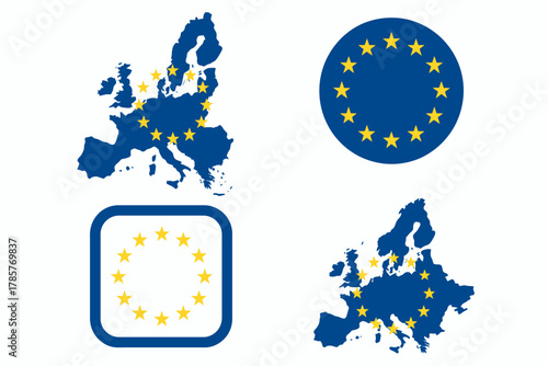 European union map and flag variations illustrated in blue and yellow stars