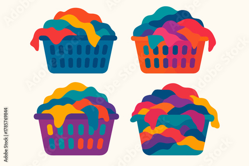 Colorful laundry baskets filled with brightly colored clothes