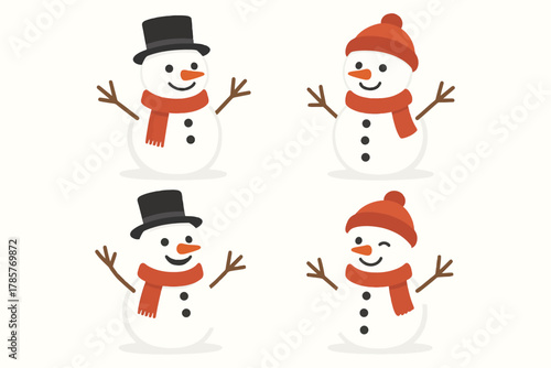 Cheerful cartoon snowmen in red scarves and hats with joyful expressions