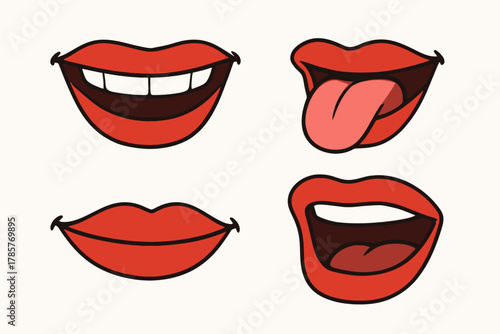 Cartoon red lips showing various expressions on white background