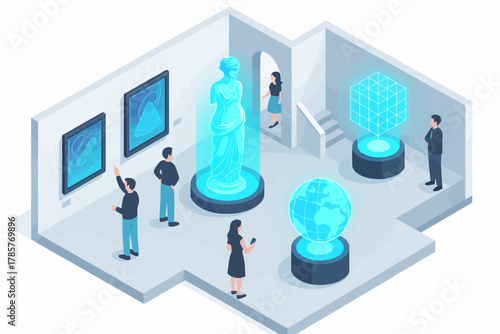 Isometric art gallery with holographic displays and visitors