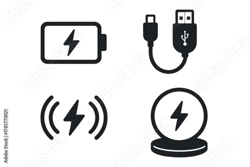 Charging icons: battery, usb cable, wireless charger symbols in black