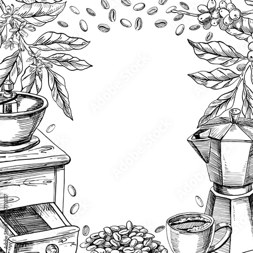 A square frame with a retro coffee grinder, coffee maker, coffee beans, and a cup. Realistic vector illustration for coffee shop menus, interiors, price tags, and product packaging.