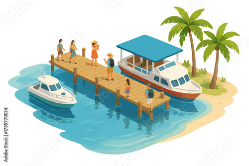 Tropical island pier with boats and tourists enjoying a sunny day