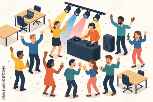 Diverse group of adults dancing at office party with dj and drinks