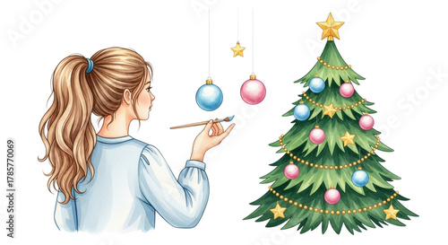 A young woman with a ponytail decorates a christmas tree with ornaments and lights, isolated on transparent background