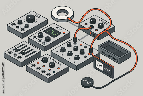 Modular synthesizer components with vco, lfo, and waveform display