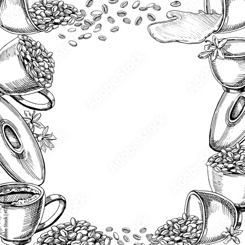 A square frame with cups of coffee beans, plates, and flowers. Realistic vector illustration for coffee shop menus, interiors, price tags, and product packaging.