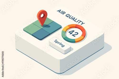 Air quality indicator with spring season symbol and colorful gauge