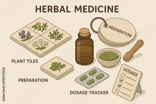 Herbal medicine preparation with plant tiles and dosage tracker