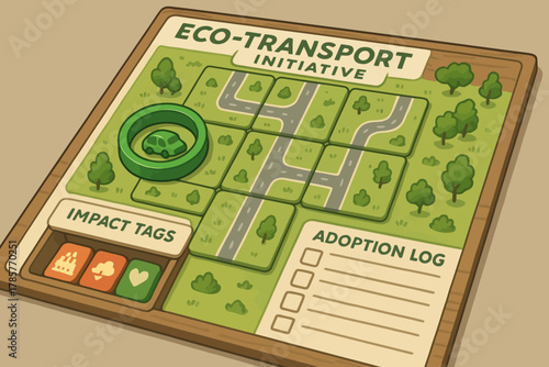 Eco-friendly transport game board with impact tags and adoption log