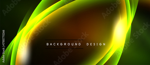 Abstract design features vibrant yellow, green hues. Smooth curves create dynamic flow, dark background enhances luminosity. Modern aesthetic.