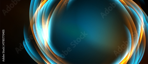 Abstract swirls, vibrant blues, oranges create luminous effect. Dark background emphasizes central glow, smooth gradients present.