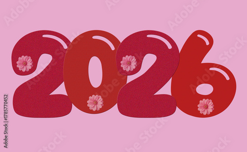 Vibrant red balloons forming the year 2026 against a soft pink background celebrating new year