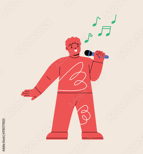 Boy sings in a microphone. Colorful vector illustration