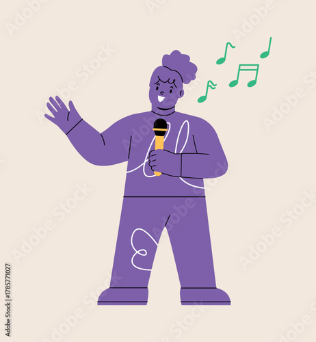 Girl sings in a microphone. Colorful vector illustration