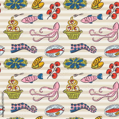 Whimsical hand drawn sea food seamless pattern in trendy whimsical style. Perfect  background for quirky italian wedding holiday, poster cards, dinner and bar menu, fabric, wrapping paper