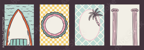 Set of summer exotic vacation whimsical hand-drawn frames with palm and sea, bow aesthetic in trendy, vintage styles. Perfect for quirky holiday, wedding, birthday gift decorations