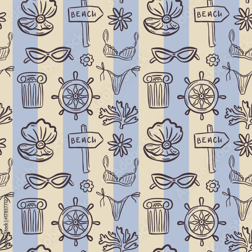 Whimsical hand drawn summer seamless pattern in trendy hand drawn style. Perfect background for quirky italian wedding holiday, poster cards, dinner and bar menu, fabric, wrapping paper